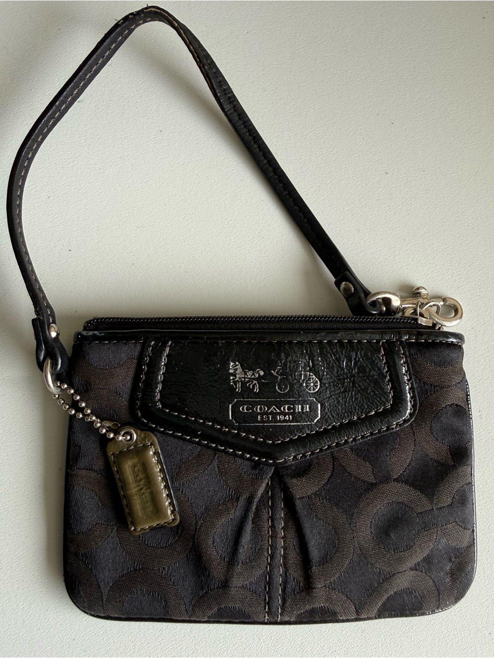 Coach Black Signature Wristlet with Leather Trim